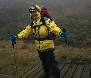 Mel in walking gear and with poles