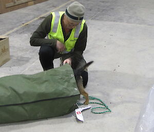 Tamar the dog inspects a bag inside with only his tail and hindquarters showing as handler Dave looks on