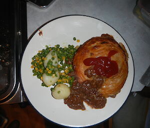 Dinner is served in the field huts (photo of a plate of food, pie and veg)