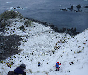 Richard, Paul, Anna and Jaimie heading towards Caroline Cove down a snowy slope