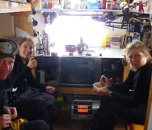 Richard, Anna and Jaimie in Caroline Cove hut