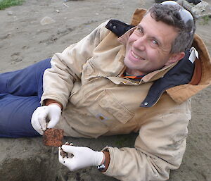 Charles with the copper he found during soil sampling