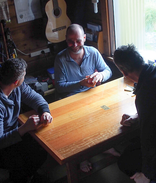 Charles, Stu and Greg playing cards at Green Gorge