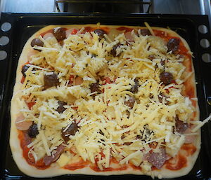 Frozen pizza ready for the oven at the hut