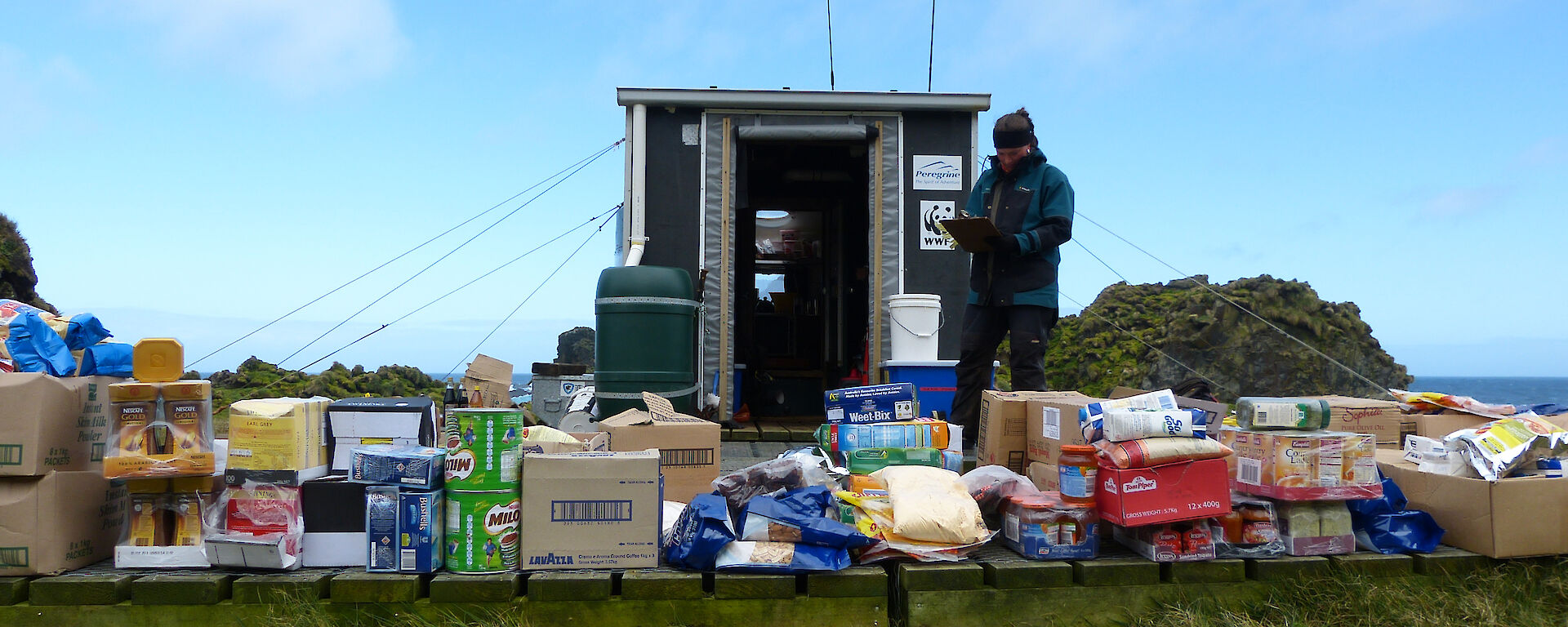 Kelly helping Steve with the food stocktake at Davis Point