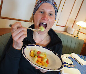 Karen enjoying some fresh fruit