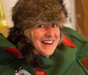 Narelle with her new hat — a fur hat with raccoon tail