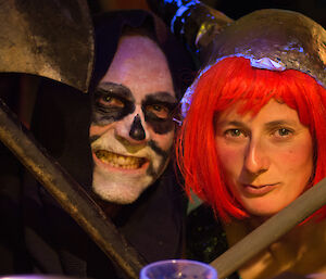 Tom dressed up as Death and Lauren dressed as a punk Viking