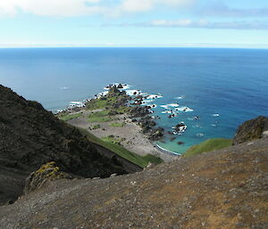 View down a steep gully at a penguin rookery, Hurd Point