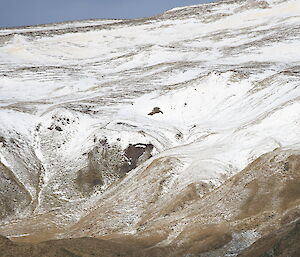 A view of the coastline from the water, steep slopes with snow fall