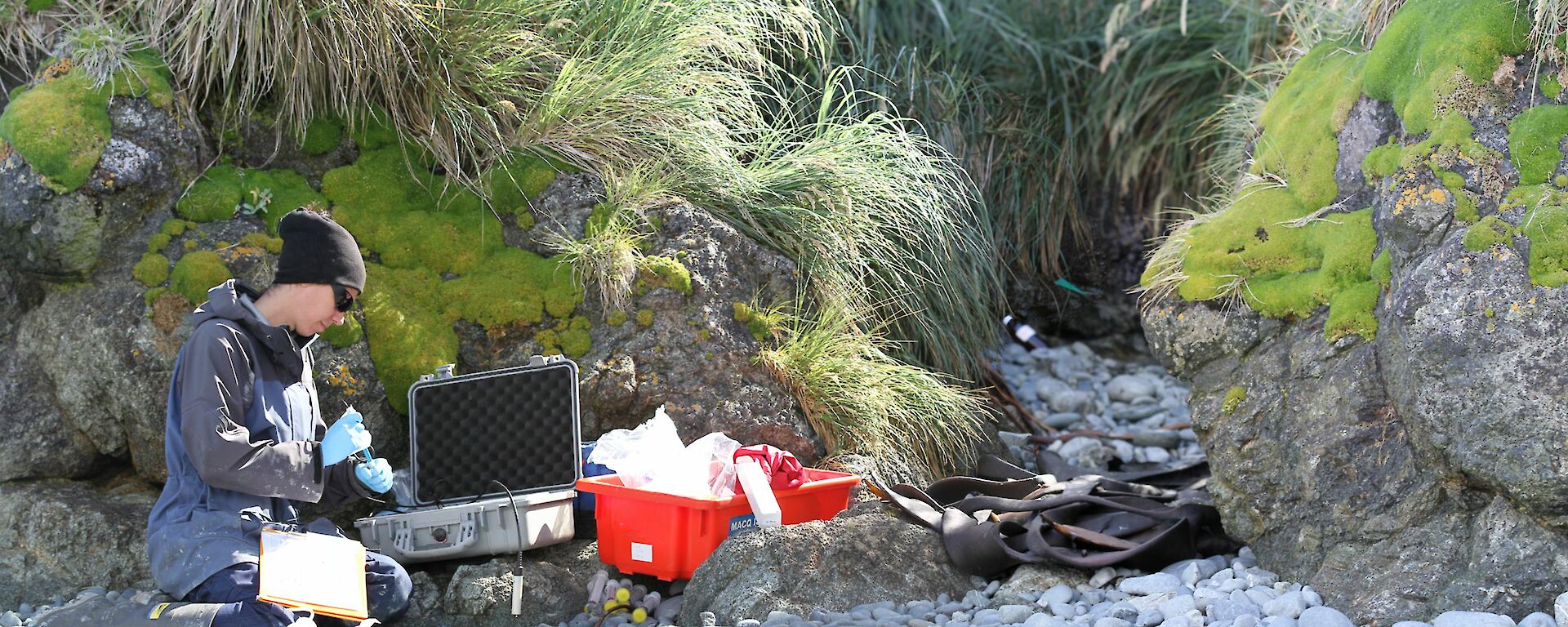Expeditioner taking samples using test tubes, sitting on the ground
