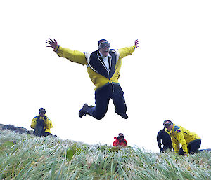 Expeditioner leaps high into strong winds