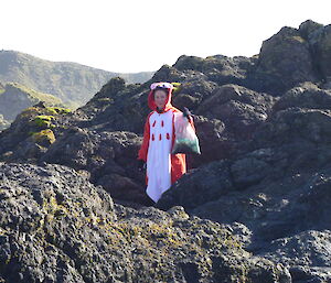 Female expeditioner wearing a red and white owl outfit standing amongst the rocks