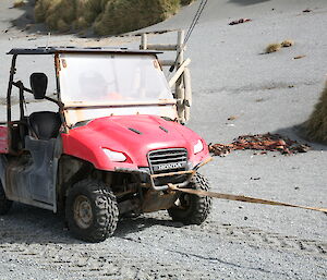 Close up of small red ute being towed along the beach but can’t see who is behind the wheel