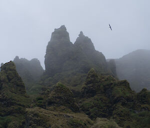 Steep rocky stacks amongst the mist