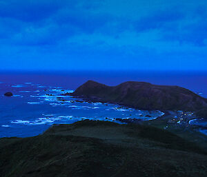 View from the top of the mountain looking down on the isthmus and station lights, and beaches