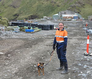 Female expeditioner and her small dog