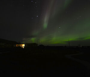 Predominantly green aurora australis or southern lights as seen from the Met observation enclosure, looking northwest