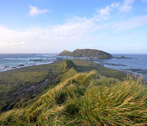 Panoramic view looking north towards the station on the isthmus and North Head beyond