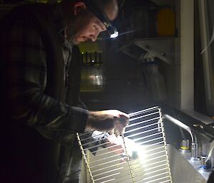 Earth Hour. Craig, wearing a head torch, leaning over the sink, washing a grate.