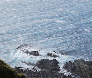 View from the top of Green Gorge over windswept seas. The wind was reaching 60 knots and over