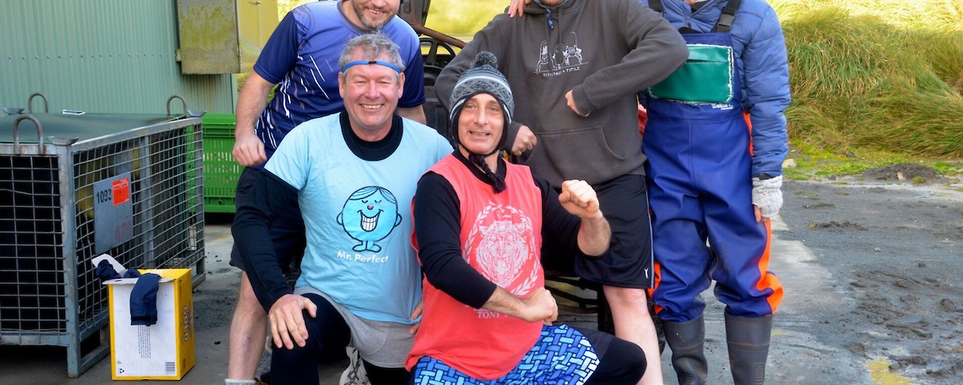 The five competitors just before the start. Standing: Craig, Aaron and Tom (wearing fisherman overalls and a small bucket on his head). Kneeling: Dave wearing a blue ‘Mr Perfect’ T-shirt and Tony wearing a beanie and colourful bike shorts