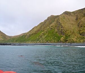 Taken from one of the IRB’s about 100 metres offshore. The shore party of three are walking along the beach up to Brothers Points hut On the far left of picture. Just behind the beach are the steep and rugged slopes