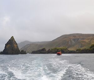 Taken from on of the IRB’s. The other IRB following with the steep pointed Tern Rock rising out of the water in the background with the main part of the island further in the background