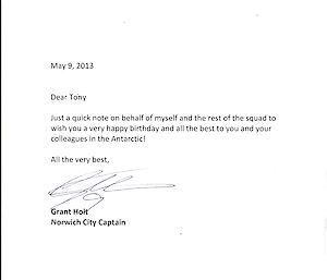 Birthday letter from the Norwich City football Captain Grant Holt