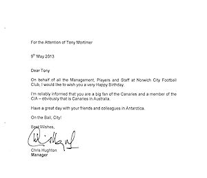 Birthday letter from the Norwich City football Manager Chris Hughton