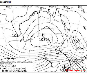 Weather map (MSLP) for 10am Saturday shows a low pressure system over Macquarie Island