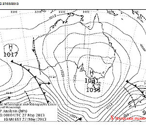 Weather map from 10am Monday shows that 12 hours later Macca is still in the cold southwesterly blast