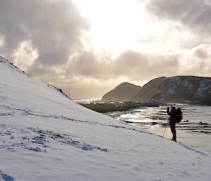 View of a snow covered slope in the foreground, with Aaron at the lower part of the slope taking a picture of a king penguin above him up the slope. The station and North Head can be seen in the background