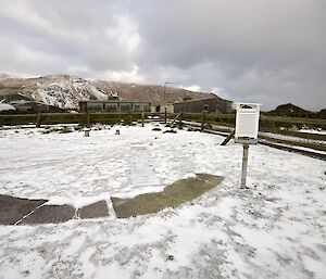 The snow covered Meteorological station enclosure on Macquarie Island with the white ‘Stevenson screen’ in the right foreground. this houses thermometers and other measuring instruments