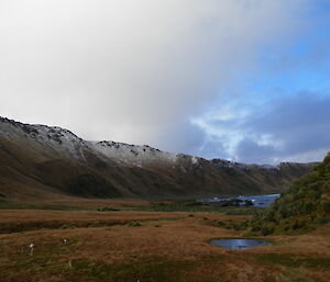 From Davis Point hut looking south towards Sandell Bay and the snow covered slopes above the bay