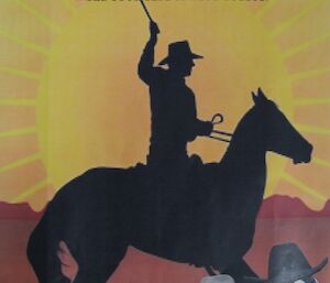 Event Poster, a silhouette of an outback hoseman cracking a whip and a simulated sunset on the bottom right there is a penguine and a seal wearing cowboy hats