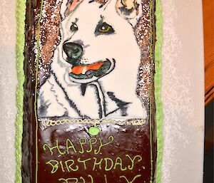 The magnificent cake (courtesy of chef Tony and Patty) — Image of Cariad (Billy’s dog) covers the top of the cake