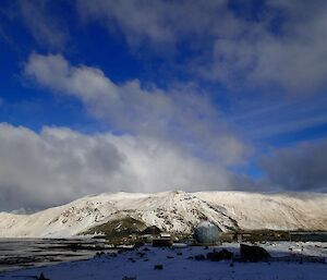 Macquarie Island covered in snow looking south