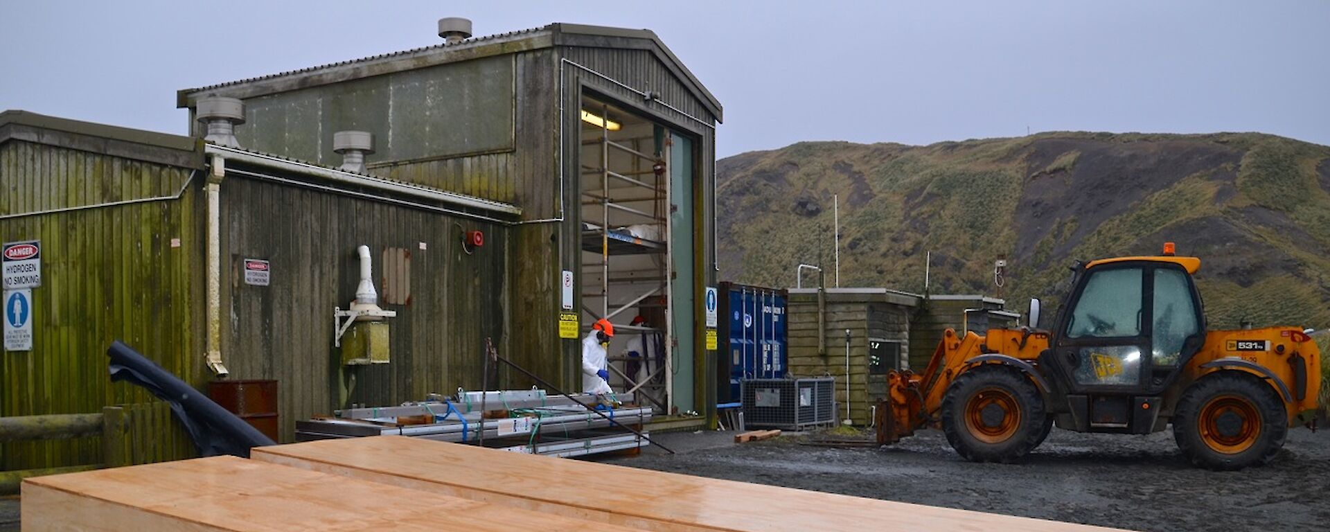The balloon shed, showing the scaffold in the shed and big wooden boxes to store the old doors