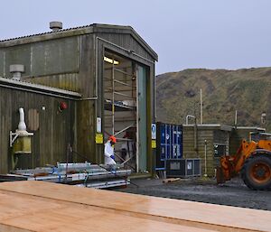 The balloon shed, showing the scaffold in the shed and big wooden boxes to store the old doors