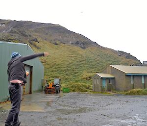 Aaron, standing on a half drum just having launched his haggis, which went over Dean’s head and landed close to Garden Cove