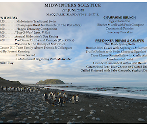 This was one side of the menu in the wooden frame — the menu is written on a background photo of penguins on East Beach