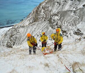 Stretcher team coming up a steep snow covered slope out of Gadgets Gully. You can see the bottom of Gadgets Gully in the top left of the photo, with the blue, vivid coloured ocean beyond