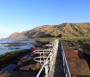 A nice day on Macca. Picture taken from the top of the fuel tanks, looking south towards the plateau