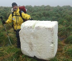 Clive standing next to a block of styrofoam that was found at Eagle Bay and measures approximately 1 metre by 1 metre by 0.75 metre. The block was cached with other marine debris amongst the tussock above the high tide mark