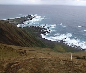 Taken from high vantage point above the Grassy jump down at Hurd Point. Hurd Point hut can be seen way below on the beach. Hurd Point can be seen extending out into the ocean surf