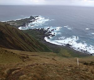 Taken from high vantage point above the Grassy jump down at Hurd Point. Hurd Point hut can be seen way below on the beach. Hurd Point can be seen extending out into the ocean surf