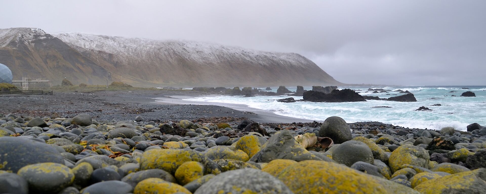 View along West Beach — taken from a low position showing in the foreground, the lichen covered pebbles above the high tide mark and the snow covered slopes of the escarpment in the background