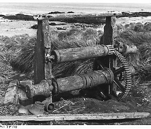 Boat landing winch 1975 — black and white photo of the winch — there is still some steel cable wound around the spindle