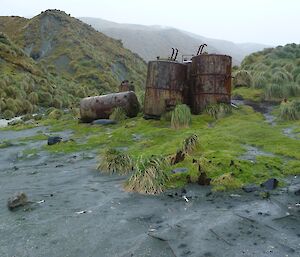 The rusted remains of the digesters at Nuggets. A grim reminder of times past when the wildlife on Macquarie Island were viewed with different values. However in the historical context, Macquarie Island occupies an important place in the early industrial history of Tasmania. Remnants of wooden casks used for the carriage of oil can be seen in the foreground